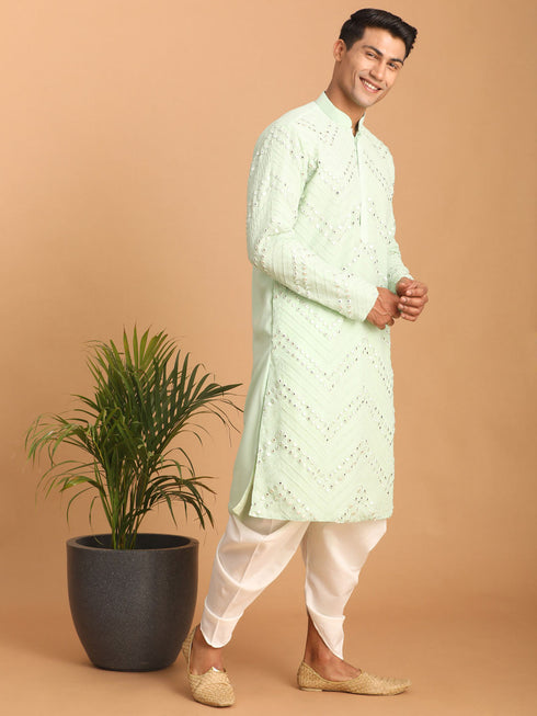 Vastramay Men's Mint Green Mirror Kurta Dhoti Set